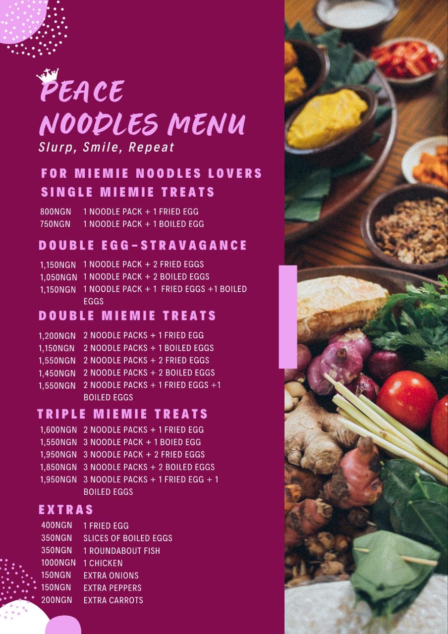 Peace noodles menu